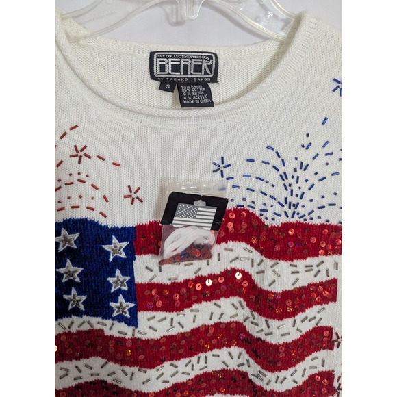 NWT Vtg Berek White American Flag Fireworks Sweater Small Patriotic Knit USA E2 - Picture 2 of 6